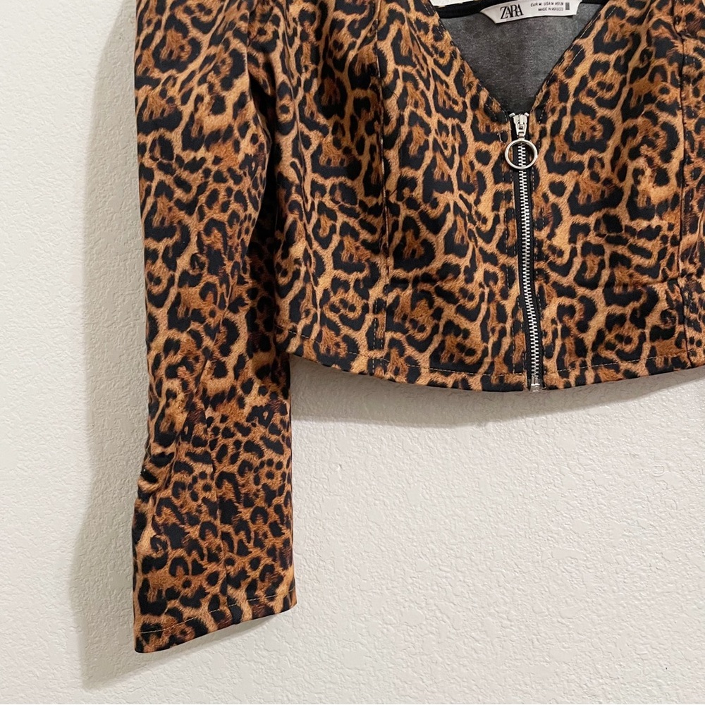 Zara Puff Sleeve Zipper Front Corset Crop Top in Leopard Print - Picture 6 of 8